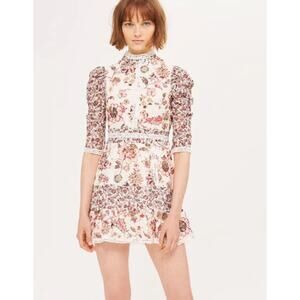 Just ME Floral Lace Mini Dress Puff Sleeves Open Lace up Back Size Small